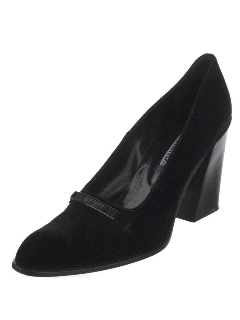 Moschino Black Velvet Block Heel Pump with Logo Strap